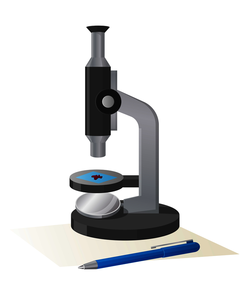 Modern microscope with small purple object on stage being investigated isolated vector illustration on white background witg blue pen. Microscope View from Left Isolated Illustration