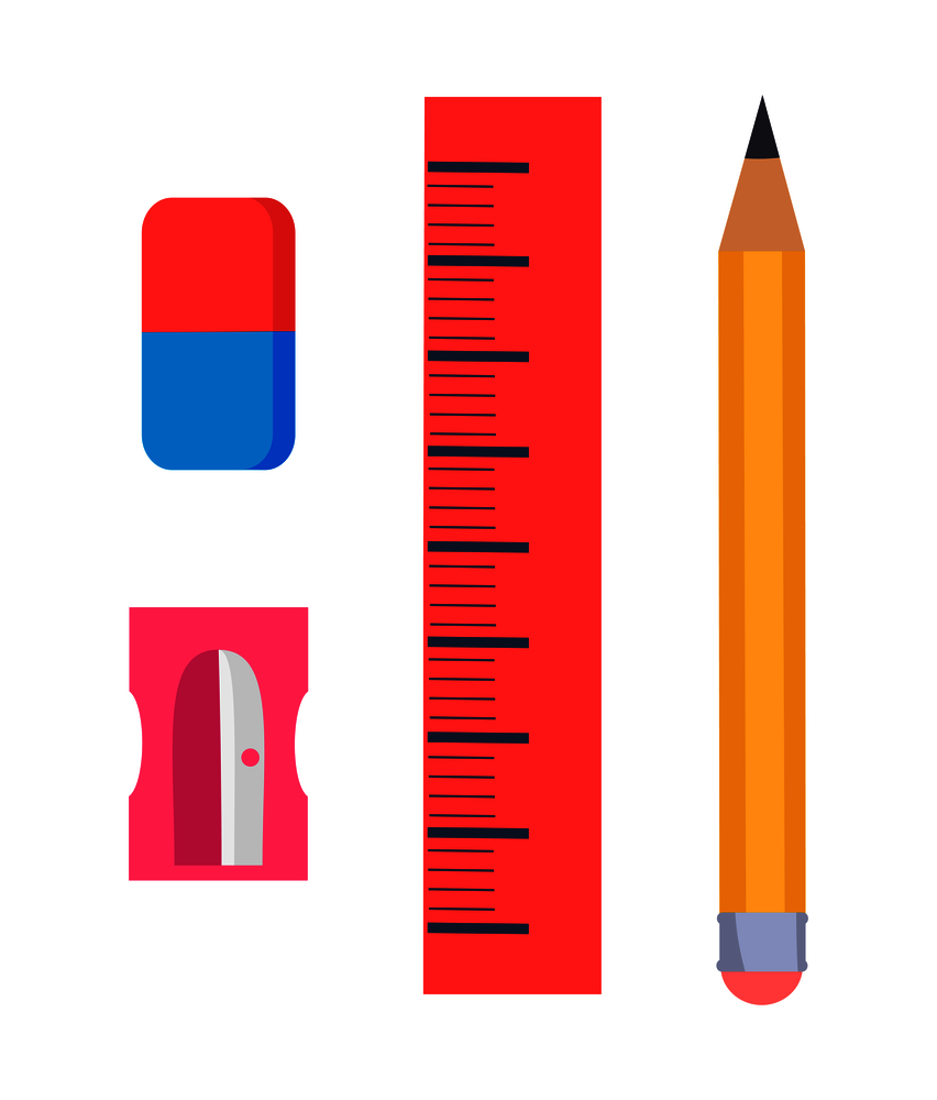Stationery items isolated vector illustration on white. Cartoon style graphite pencil, plastic sharpener, rectangular eraser and red ruler. Stationery Items Isolated Illustration on White