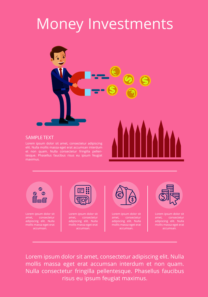 Money investment representation with businessman attracting money for startup. Vector illustration with donations visualization on pink background. Money Investment Visualization Vector Illustration