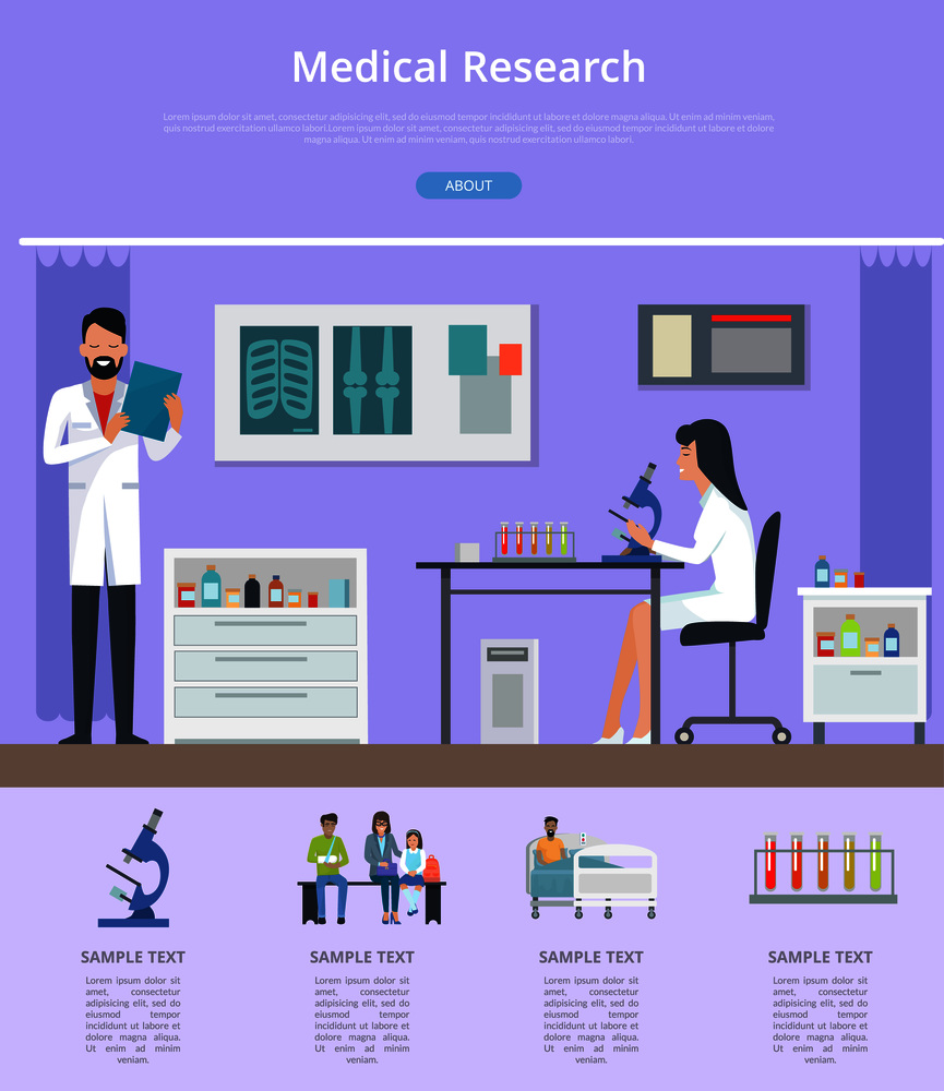 Medical research description on purple background. Vector illustration with doctor and nurse working with microscope in hospital laboratory. Medical Research Description Vector Illustration