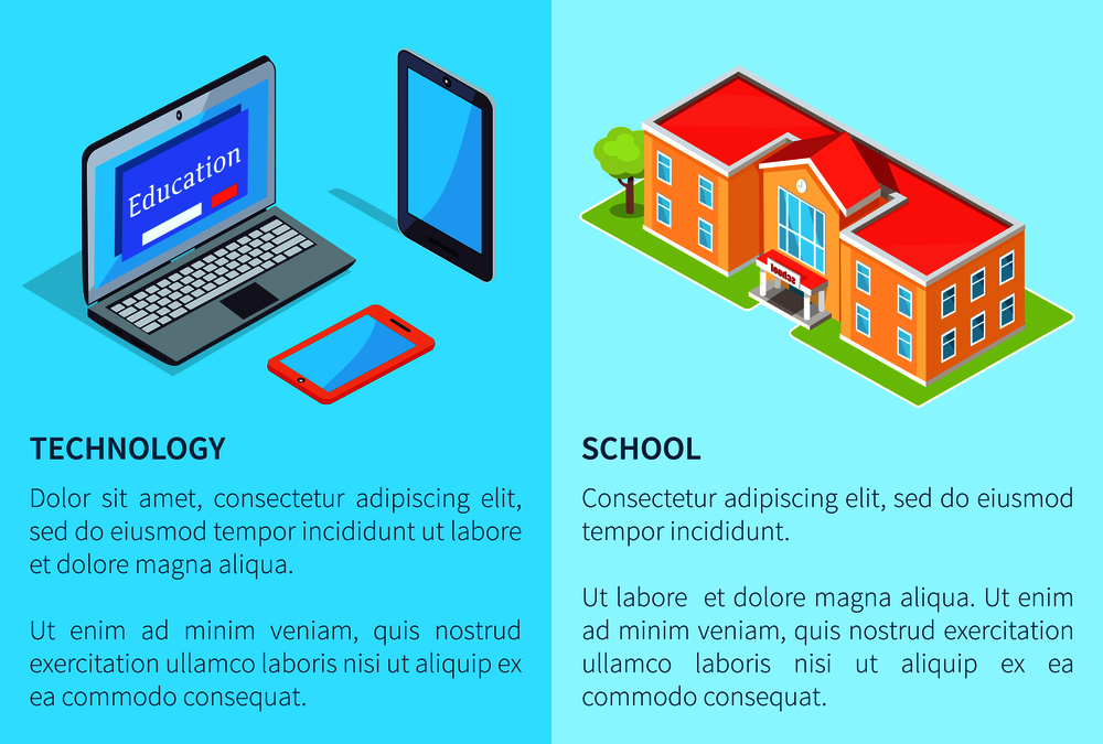 Modern computer technology equipment set with smartphone, digital tablet, headphones 3D and school building vector illustrations with text. Modern Computer Technology and School Building