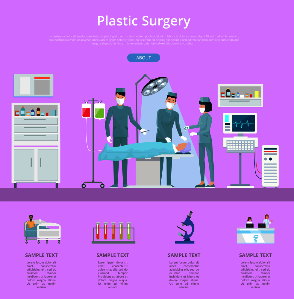 Plastic surgery description with team of doctors and nurses conducting operation. Vector illustration with hospital surgery room on pink background. Plastic Surgery Description Vector Illustration