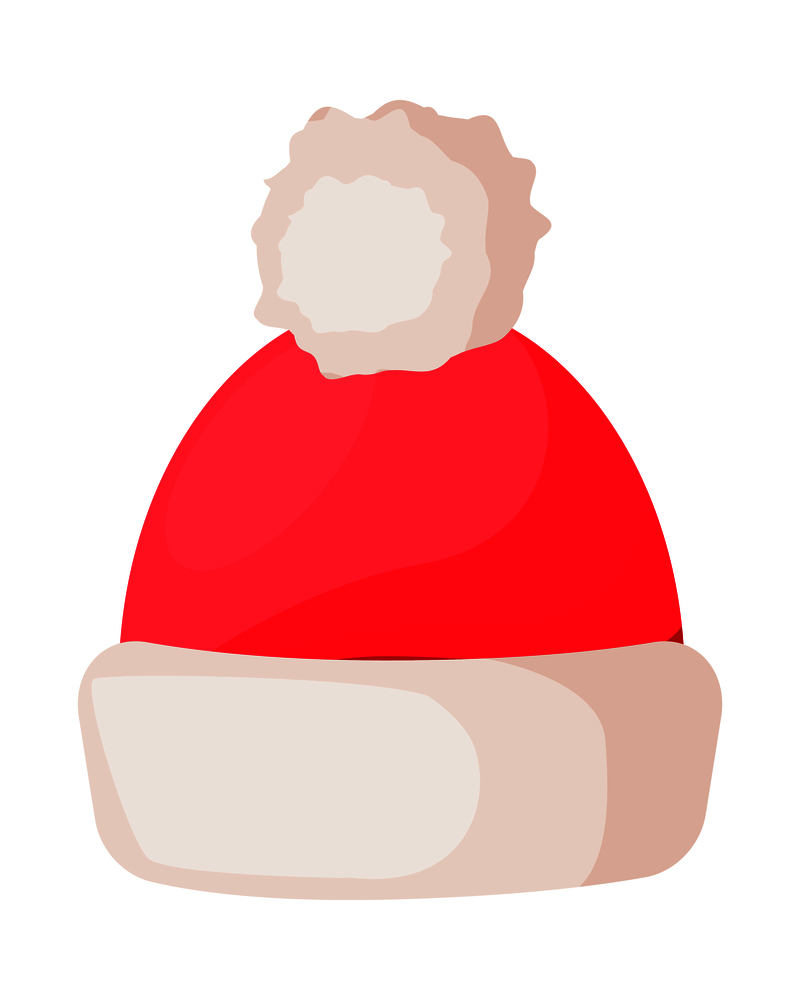 Santa Claus hat with pompom on top isolated. Winter fur woolen cap with white rim. Father Christmas unisex hat. Flat icon winter snowboard accessory in cartoon style vector illustration. Santa Claus Winter Woolen Hat Isolated on White.
