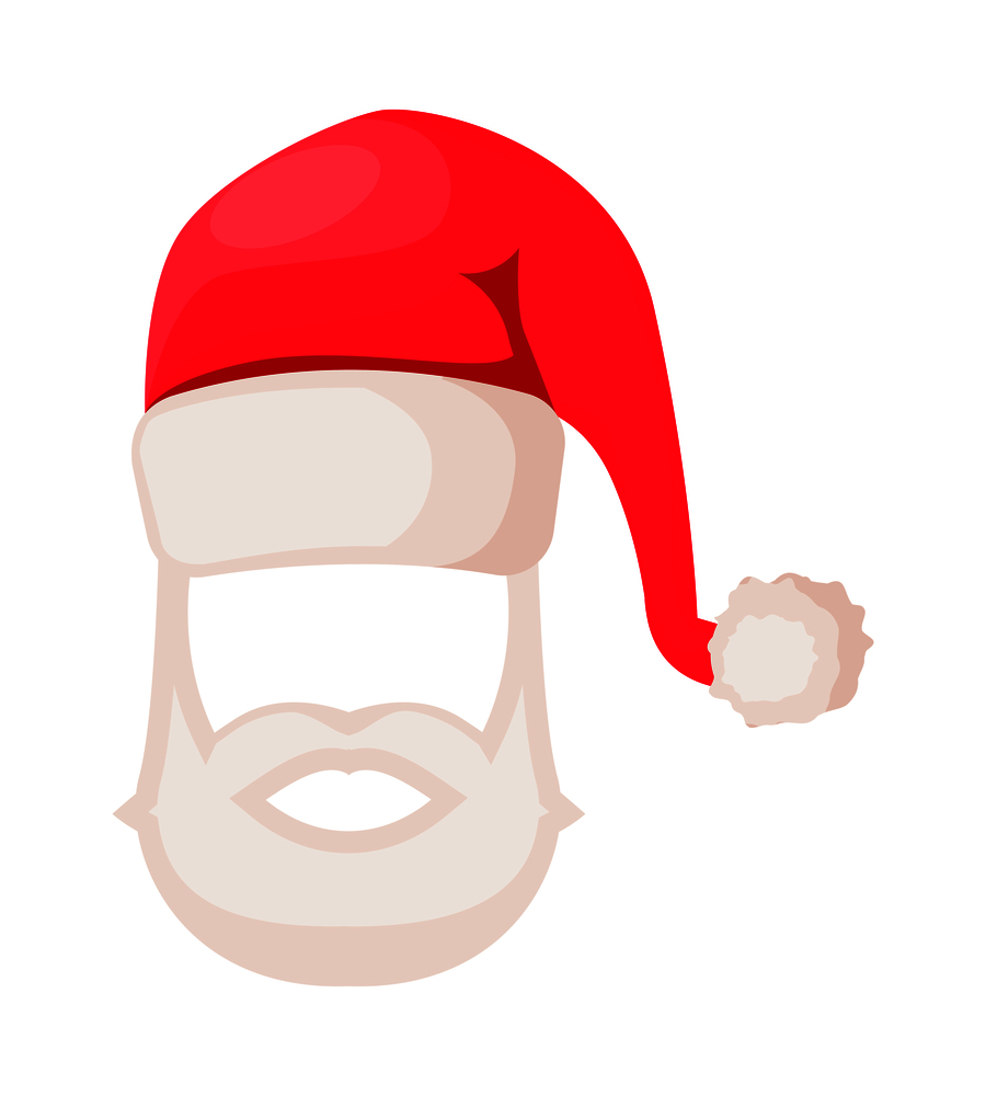 Santa Claus hat with beard and moustaches isolated on white. Winter fur woolen cap with artificial man beard. Father Christmas hat for masquerade. Flat icon winter accessory in cartoon style vector. Santa Claus Hat with Beard and Moustaches Isolated