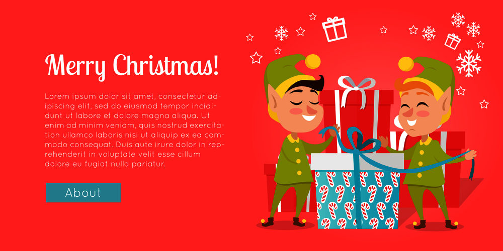 Merry Christmas vector illustration of smiling xmas elves in green costumes standing near colourful gift boxes pack presents in cartoon style. Flat design web banner of happy winter holidays.. Merry Christmas. Elves Standing near Gift Boxes