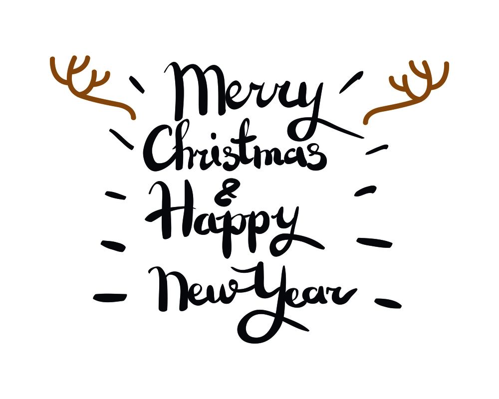 Merry Christmas and Happy New Year white greeting card with calligraphic black text, dark lines and golden horns of deer. Vector illustration of creative cartoon festive postcard in flat design. Merry Christmas and Happy New Year Greeting Card