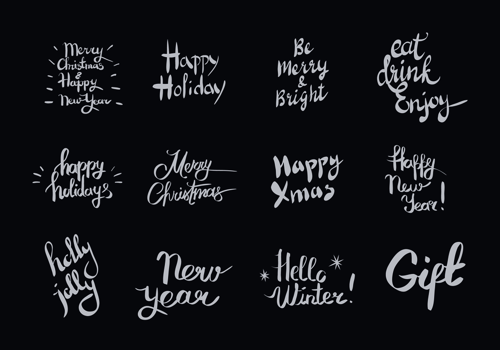 Merry Christmas Holly Jolly and Happy New Year holidays vector set with white inscriptions on dark background. Be merry and bright, eat drink enjoy calligraphic cartoon letterings wrote by chalk. Merry Christmas and Happy New Year Set with Wishes