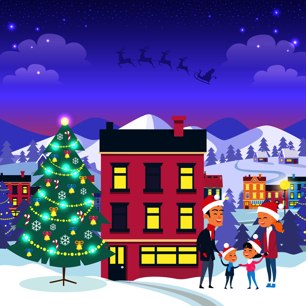 Happy family and fir tree on night city background. Vector illustration of emblem of flying gray Santa in sleigh harnessed by strong reindeers. Behind house white fir trees mountains and buildings. Happy Family and Fir Tree on Night City Background