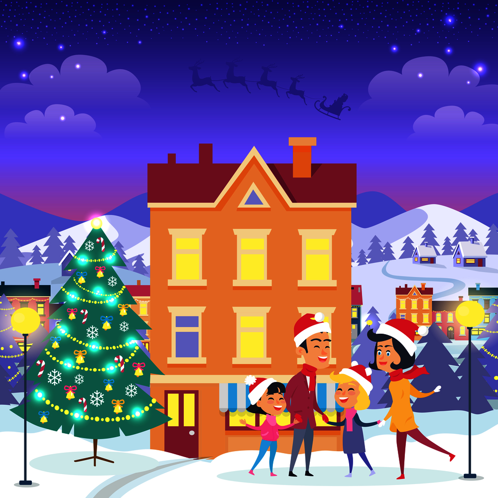 Happy family near orange house and decorated Christmas tree. Vector illustration of people in Santa Claus red hats and warm winter clothes outside in evening. Joyful spending of winter holidays. Happy Family near Urban House and Christmas Tree