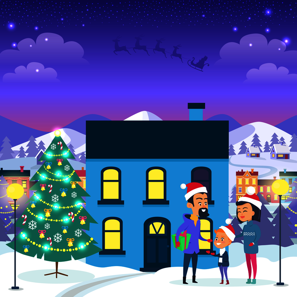 Happy family near blue house and decorated Christmas tree. Vector illustration of cartoon three people in Santa Claus red hats and warm winter clothes outside in evening spend winter holidays. Happy Family near Urban House and Christmas Tree