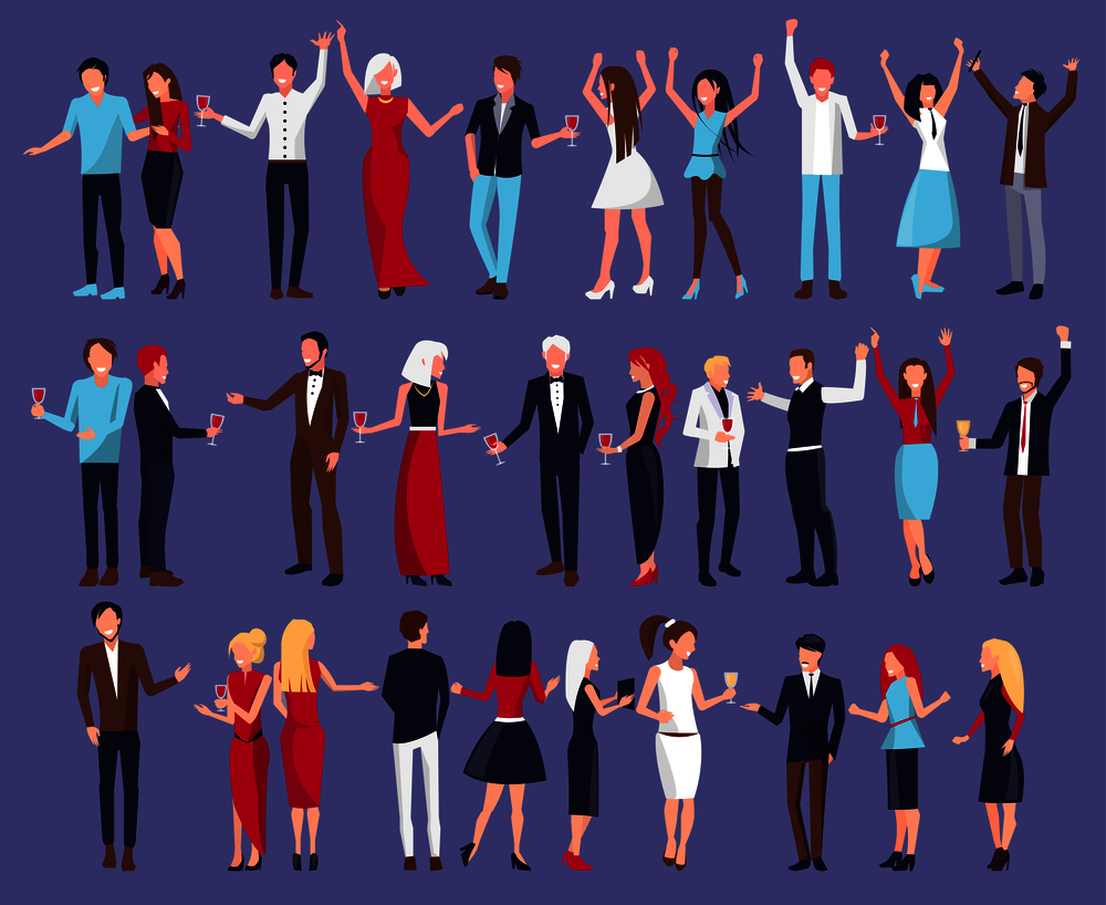 Lots of people dancing at the disco, some of them dance together, other ones have wine. Vector illustration of men at party isolated on violet background. Icon of Dancing People Vector Illustration