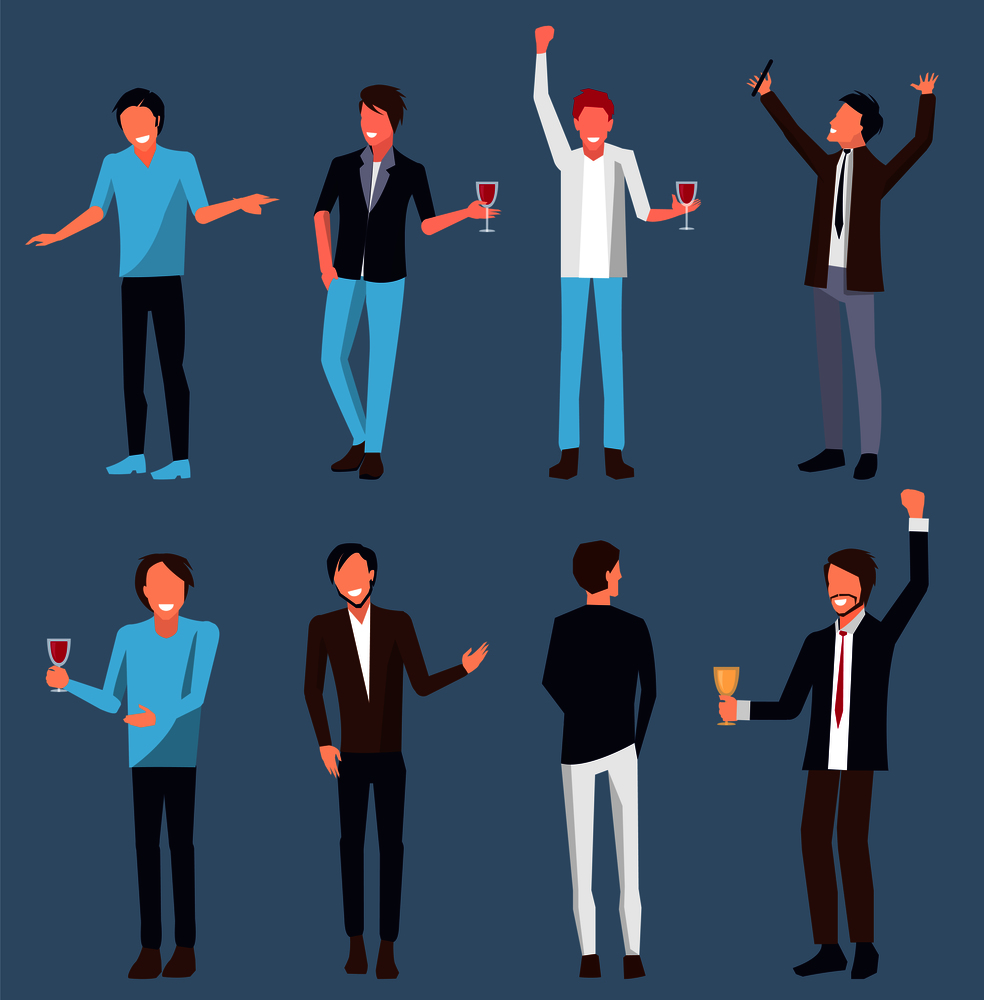 Set of men icons partying and holding glasses with alcoholic drink in their hands, people dressed in suits vector illustration isolated on blue. Set of Men Icons Partying Vector Illustration