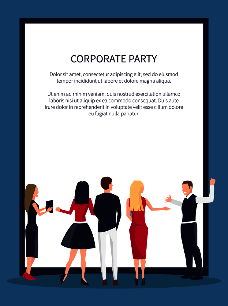 Corporate party poster with dancing people, woman taking picture, couple standing beside and communicating vector illustration with text in frame. Corporate Party Dancing People Vector Illustration