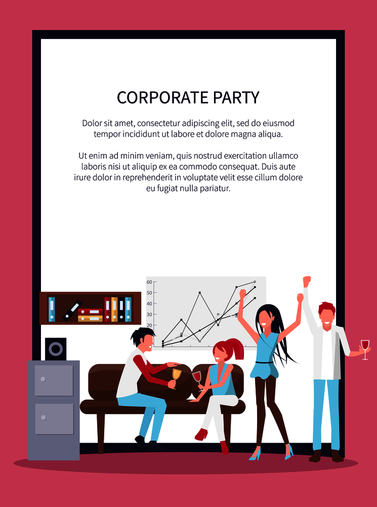 Corporate party poster with smiling people sitting in office, drinking wine, workplace with whiteboard, sofa and drawers with documents vector in frame. Smiling People in Office Wine Vector Illustration