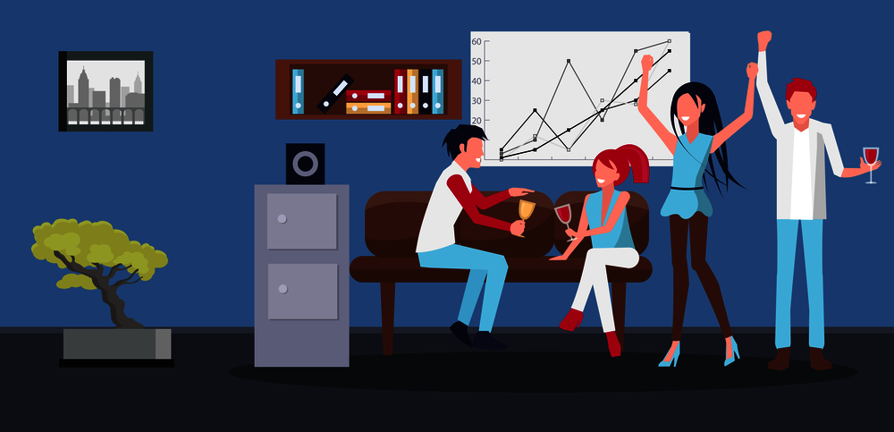 Corporate party held in office with sofa and picture on wall, bonsai and whiteboard, sofa and shelf, people drinking wine vector illustration. Corporate Party in Office Vector Illustration
