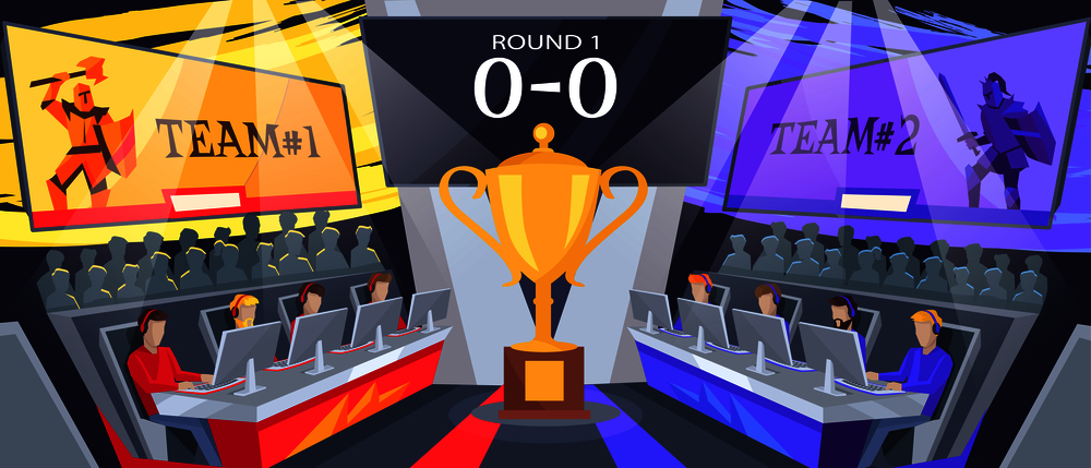 Cybersport team competition with two teams of gamers playing first round of game. Vector illustration with golden cup in center of hall. Cybersport Team Competition Vector Illustration