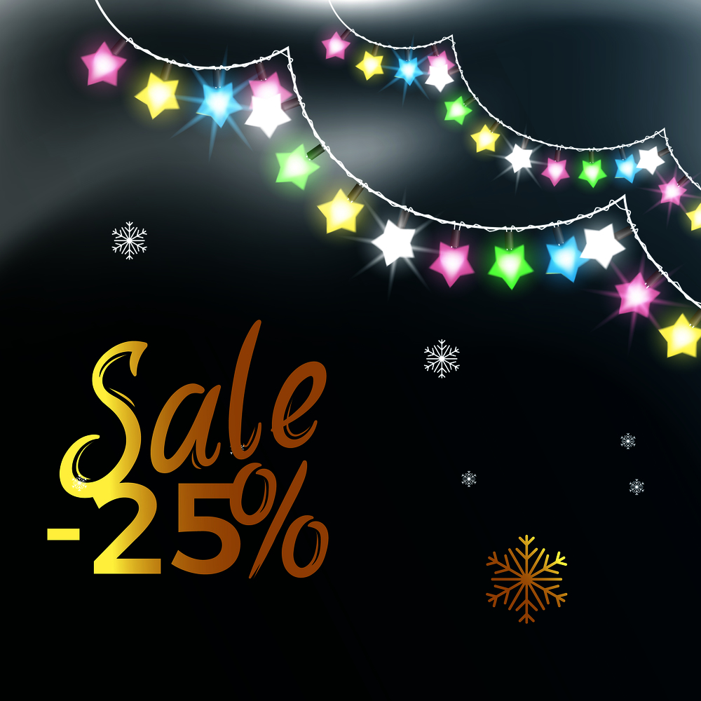 Sale -25%, poster depicting discount with garlands and snowflakes as decorative elements vector illustration isolated on dark-blue. Sale -25% Garlands &Snowflake Vector Illustration