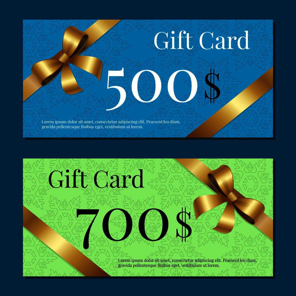 Gift cards on 700$ 500$ set of posters with gold ribbons and bows on abstract color backgrounds. Voucher certificates for discounts in stores vector. Gift Cards on 700 500 Set of Posters Gold Ribbons