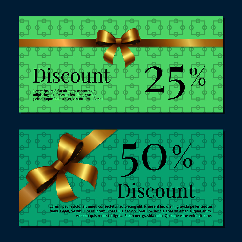 Discount 25% 50 % gift certificate promo poster with present sales on cards vector illustration posters isolated on blue and green abstract backgrounds. Discount 25 50 Gift Certificate Promo Poster Bow