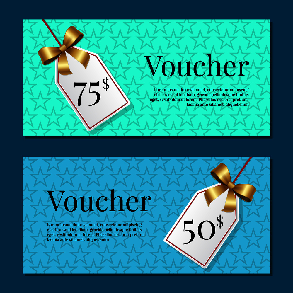 Voucher on 50 -75$ set of posters with gold tags label on ribbons with bow on abstract blue backgrounds. Gift certificates with place for text vector. Voucher on 50 -75$ Set of Posters Gold Tags Label