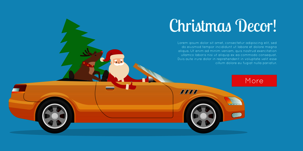 Christmas decor characters Santa Claus with brown reindeer and xmas tree in yellow car. Creative decorative greeting web card with blue background. Illustration with holiday characters and text. Christmas Decor Santa Claus with Deer in Car.