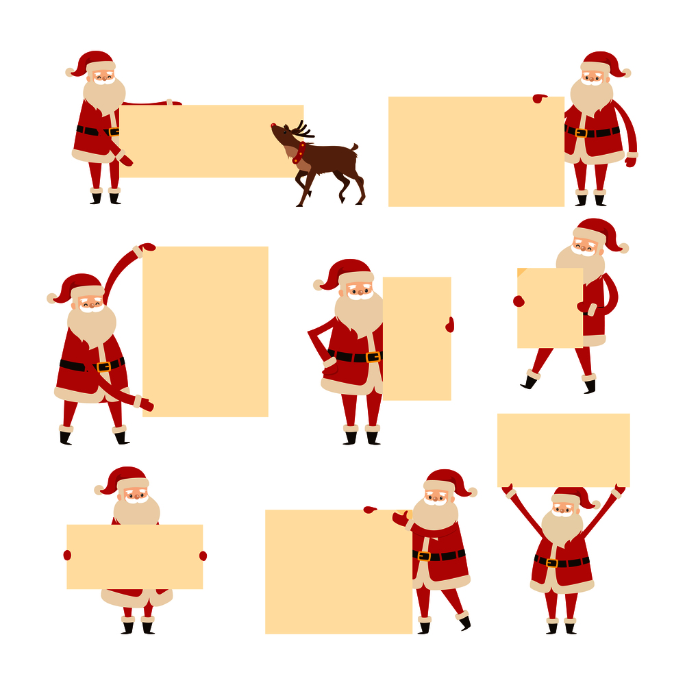 Santa with empty banner isolated on white. Editable element of Christmas card invitation poster. Flat sheet of paper in the hands of cartoon character with deer helper, set of vector illustrations. Santa with Empty Banner Isolated on White. Vector