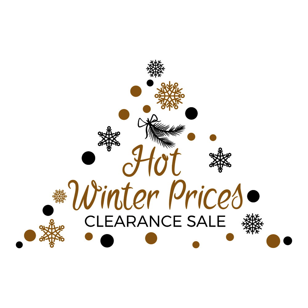 Hot winter prices clearance sale with triangular shape label with snowflakes and round silver and golden dots. Christmas bow with pine branches isolated vector illustration sale discount concept. Hot Winter Prices Clearance with Triangular Label