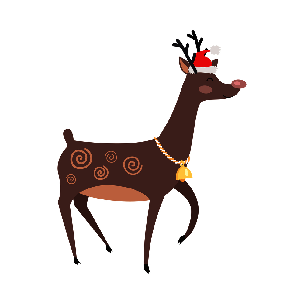 Big reindeer with golden bell and red hat on white background. Santa&rsquo;s helper as element of decor for encouragement customers in big supermarkets. Cute horned mammal animal vector illustration. Big Reindeer with Golden Bell and Red Hat on White