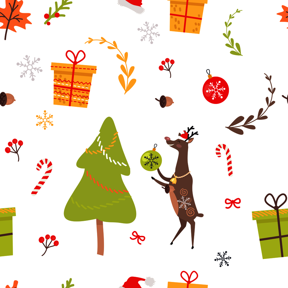 Seamless pattern with reindeer, Christmas decorative candies, viburnum red berries and maple leaves, decorated Christmas tree and presents in gift boxes, balls and bows on white endless vector texture. Seamless Pattern with Reindeer, Christmas Candies