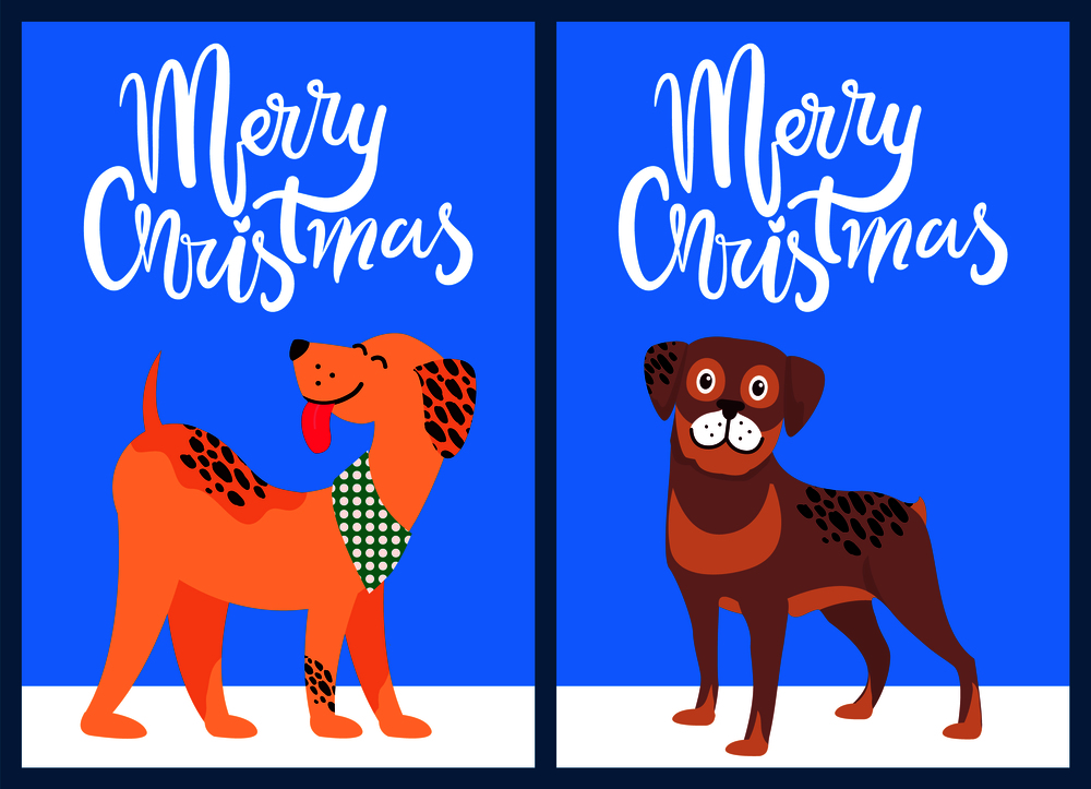 Merry Christmas congratulation from happy pets on light background. Vector illustration with congratulation from happy akita and beagle standing on snow. Merry Christmas Congratulation from Happy Pets