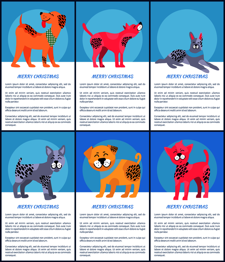Merry Christmas, set of images of dogs of different breed and colors, happy feelings and emotions combined with text sample on vector illustration. Merry Christmas Set of Dogs Vector Illustration