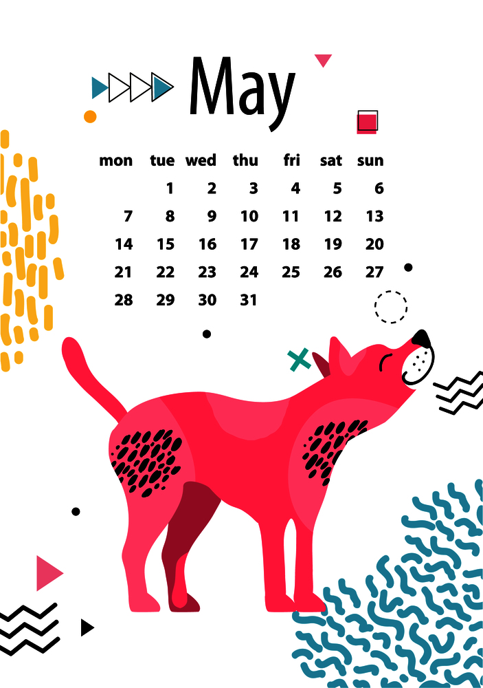 May calendar for 2018 year with American hairless terrier with pink skin vector illustration. Dates of month and animal Chinese zodiac symbol.. May Calendar 2018 with American Hairless Terrier