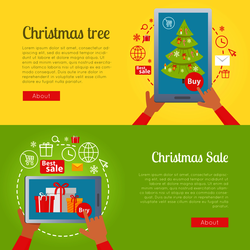 Poster of colourful pictures with Christmas tree and xmas sale. Banner of vector illustrations with hands holding gadgets and buying different gifts, presents and decorated evergreen tree via Internet. Poster of Pictures with Christmas tree and Sale