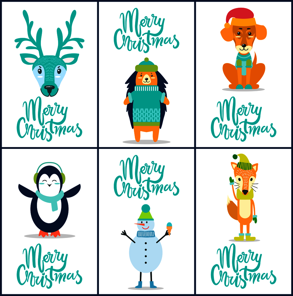 Merry Christmas, icons of hedgehog, head of reindeer, calmly sitting dog, penguin and snowman with ice-cream and fox isolated on vector illustration. Merry Christmas Reindeer on Vector Illustration