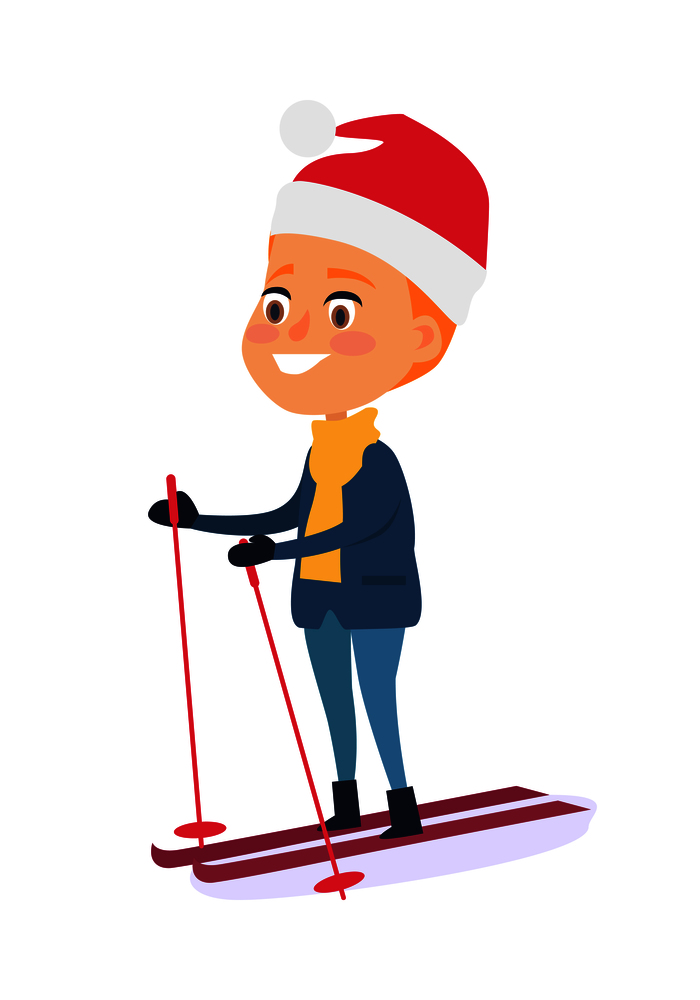 Isolated smiling boy skiing on white background. Vector illustration of happy child doing winter kind of sports with help of ski and poles in mountain resort. Outdoor spending time on fresh air. Isolated Smiling Boy Skiing on White Background