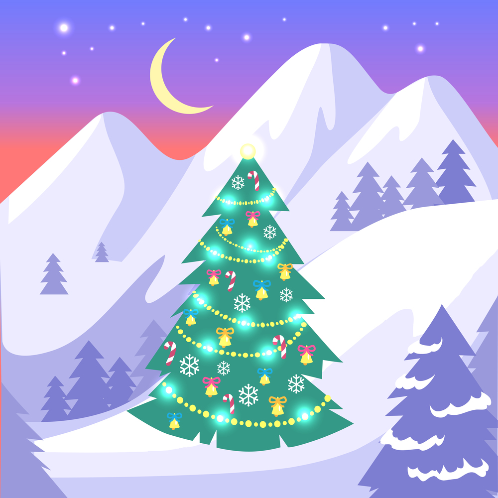 Beautiful landscape of high snowy white mountains and moon with bright stars on blue sky. Vector background with decorated Christmas fir tree with garlands among snowy fields in flat style design. Beautiful Landscape of High Snowy White Mountains