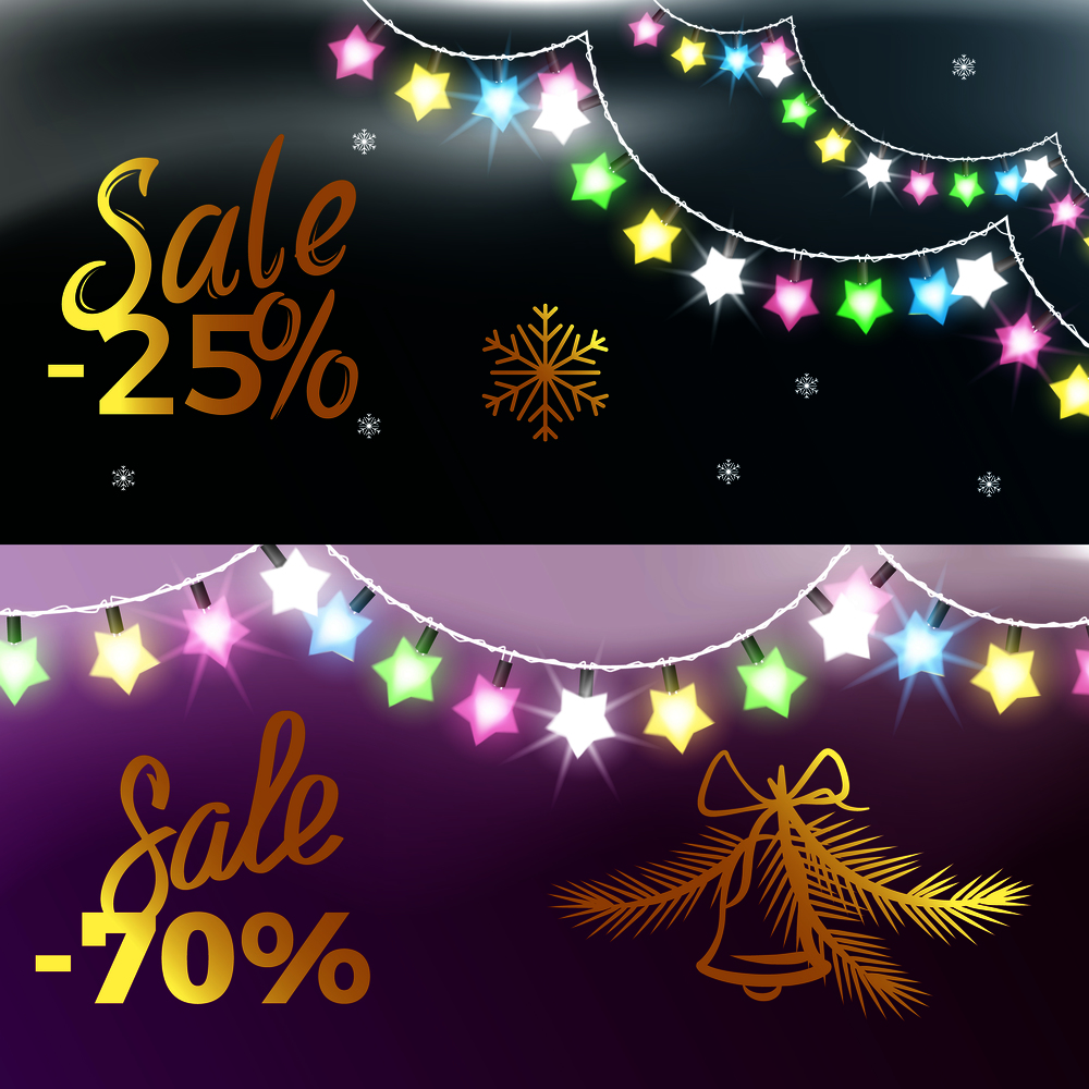 -25% and -70% sale New Year theme with colorful garland, snowflakes and bell. Vector illustration of holiday discount on black and purple background. -25% and -70% Sale New Year Vector Illustration