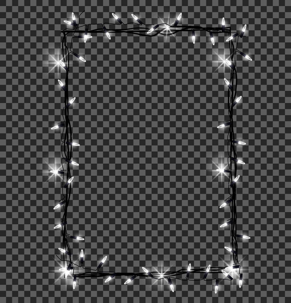 Square frame made of Christmas lights sparkling white lightbulbs decorative border vector illustration isolated on transparent background. Square Frame Made of Christmas Lights Sparkling
