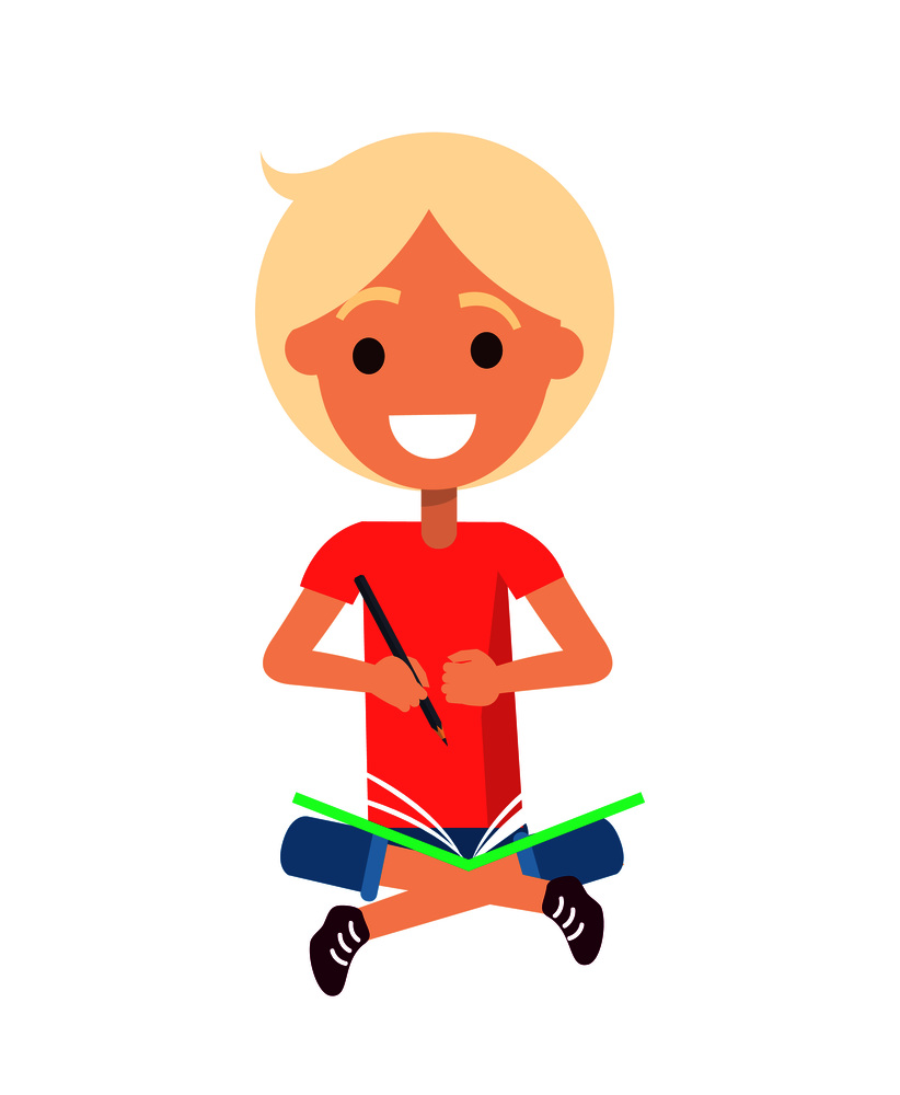 Smiling boy in sitting position wearing red t-shirt and blue shorts with green book on his lap and long pencil in hand isolated vector illustration. Boy in Sitting Position Isolated Illustration