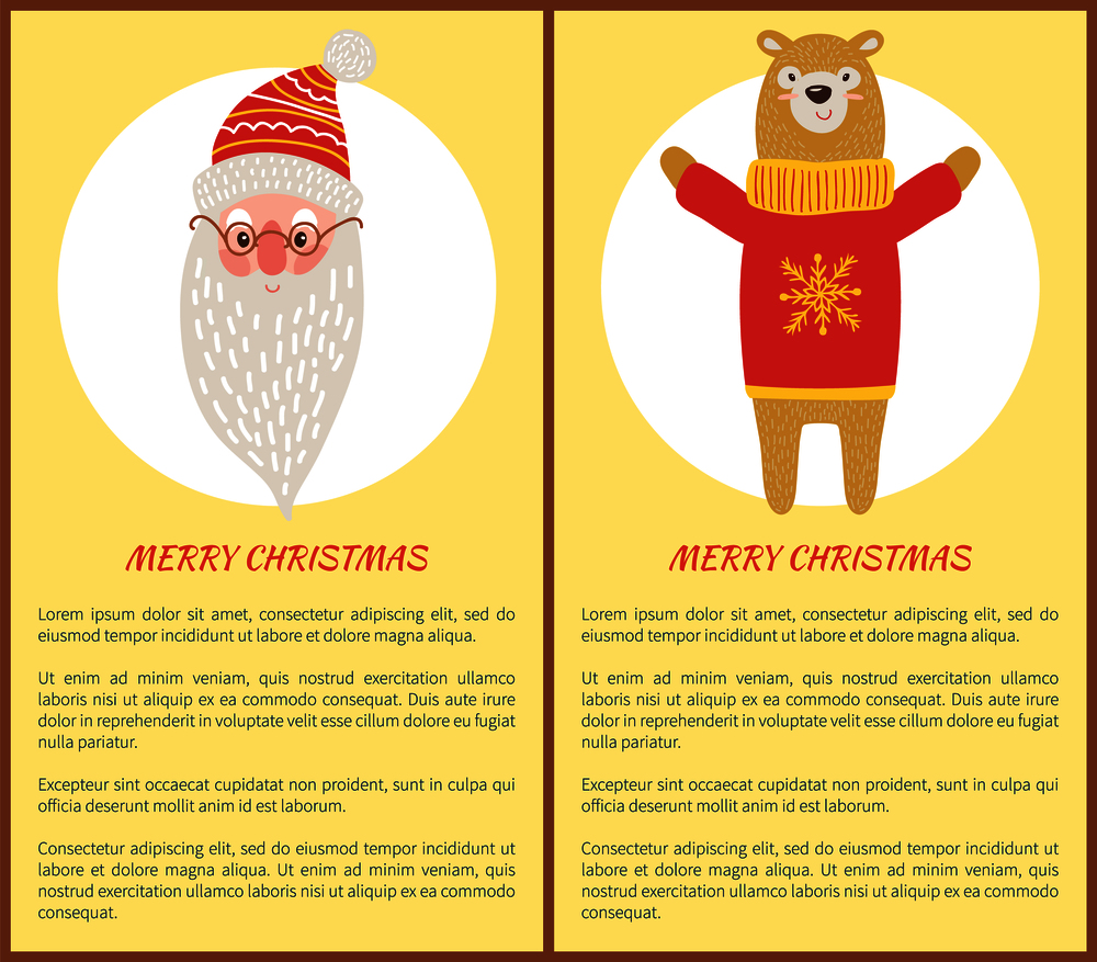 Merry Christmas banners with Santa Claus and bear dressed in knitted sweater with snowflake. Vector illustration festive symbols and congratulations. Merry Christmas Banners Vector Santa and Bear Set