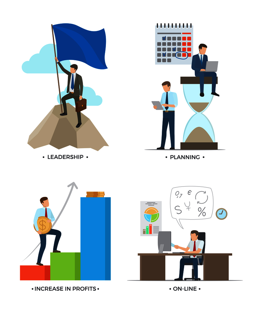 Leadership and planning, increase in profits and online, pictures with people with flag, laptops and coins working vector illustration. Leadership and Planning on Vector Illustration
