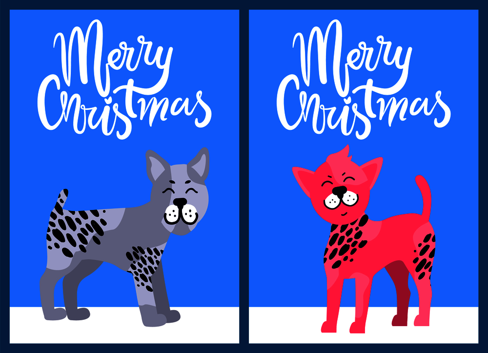 Christmas postcards with congratulation and dogs. Bullterrier with black spots and Chinese crested puppy with pink fur vector illustrations.. Christmas Postcards with Congratulation and Dogs