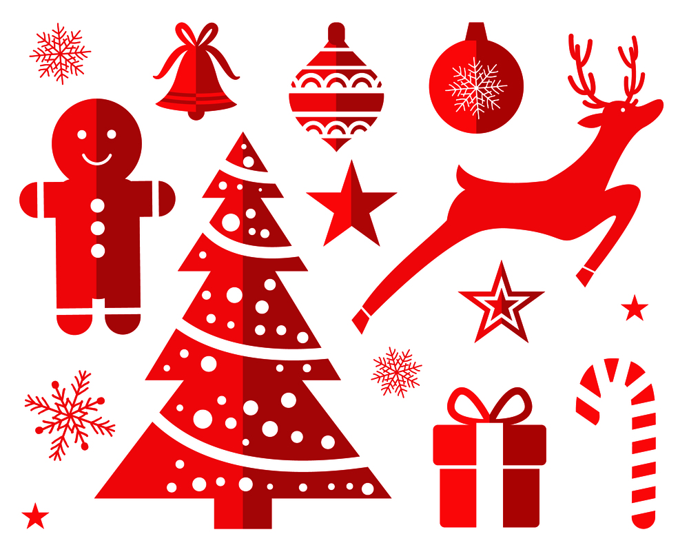 Christmas symbols and decorations drawn in red isolated on white background. Vector illustration with xmas tree with reindeer and present in festive box. Christmas Symbols and Decorations Drawn in Red