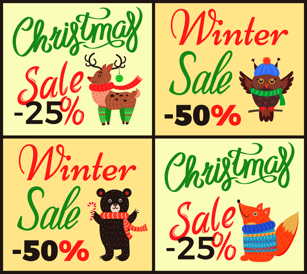Christmas sale -25% collection of posters depicting reindeer with green socks, owl and bear, fox wearing sweater vector illustration. Christmas Sale -25% Collection Vector Illustration