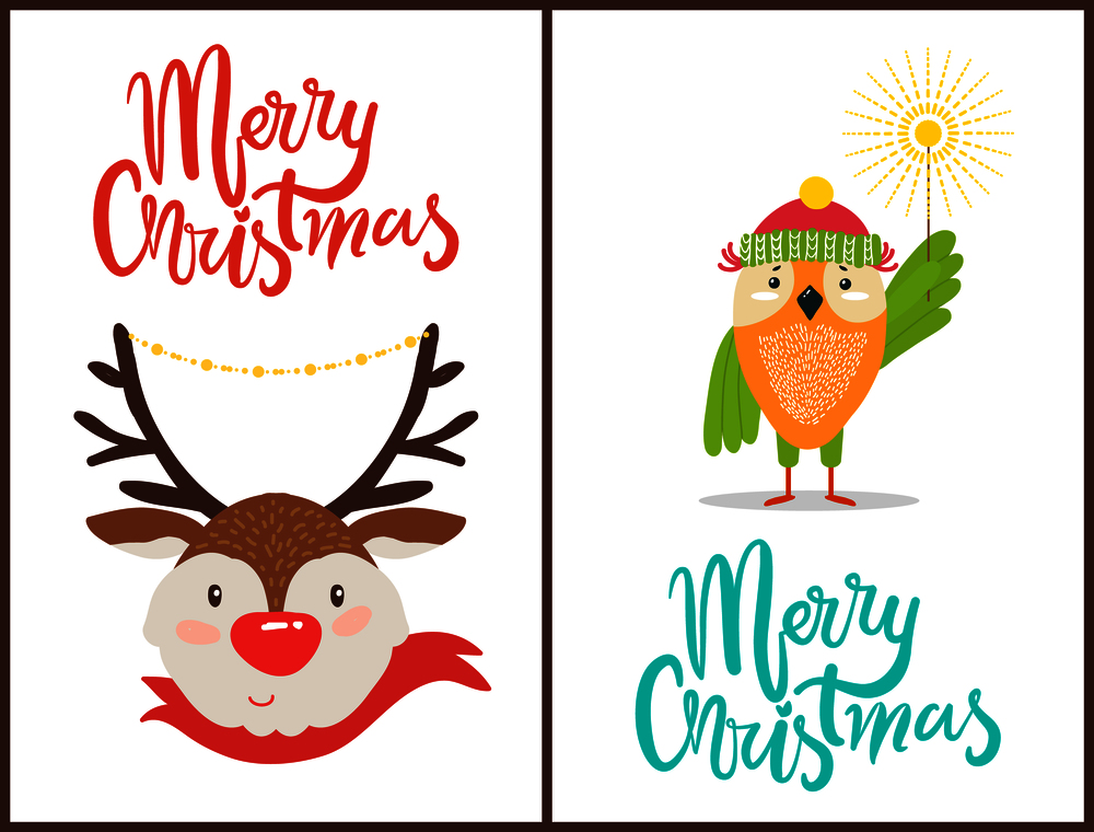 Merry Christmas banners with friendly animals in warm clothes and festive decorations. Vector illustration with cute deer and smiling owlet on white. Merry Christmas Banners with Friendly Animals