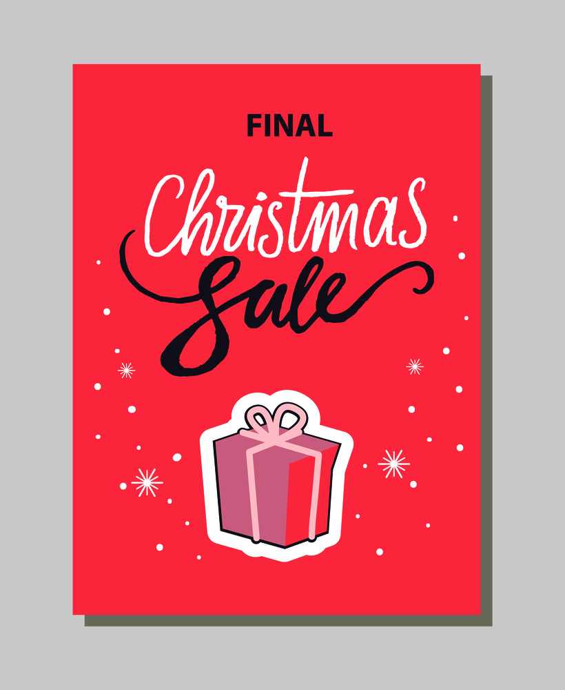 Final Christmas sale, pink banner that is made up of lettering placed above icon of present with bow and falling snowflakes on vector illustration. Final Christmas Sale Pink Vector Illustration