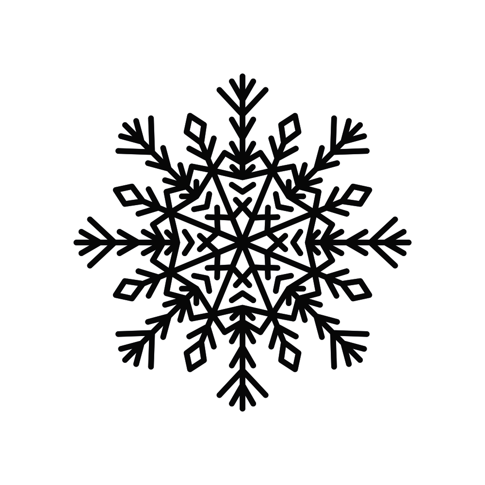 Snowflake silhouette of circular shape with lines and triangles, and circle in centre, schematic crystal object, colorless vector illustration. Snowflake Silhouette Colorless Vector Illustration