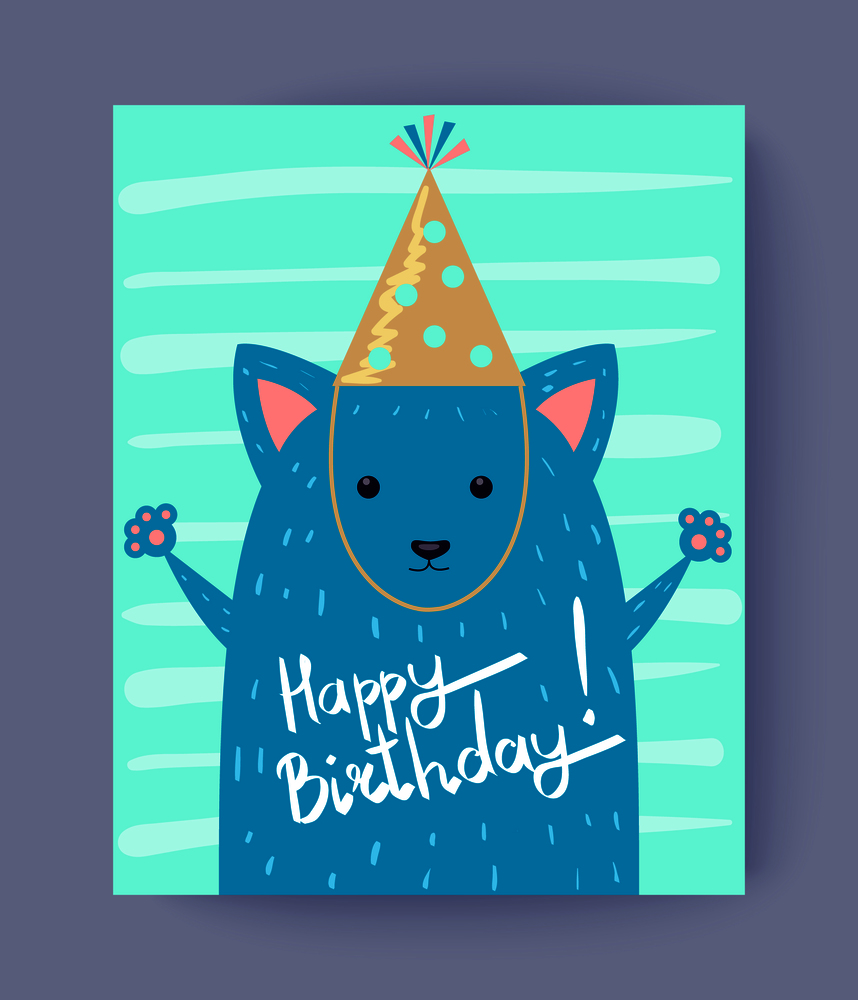 Happy Birthday congratulation on light postcard with blue cute fox in cap. Vector illustration with animal on light blue background. Happy Birthday Congratulation Vector Illustration