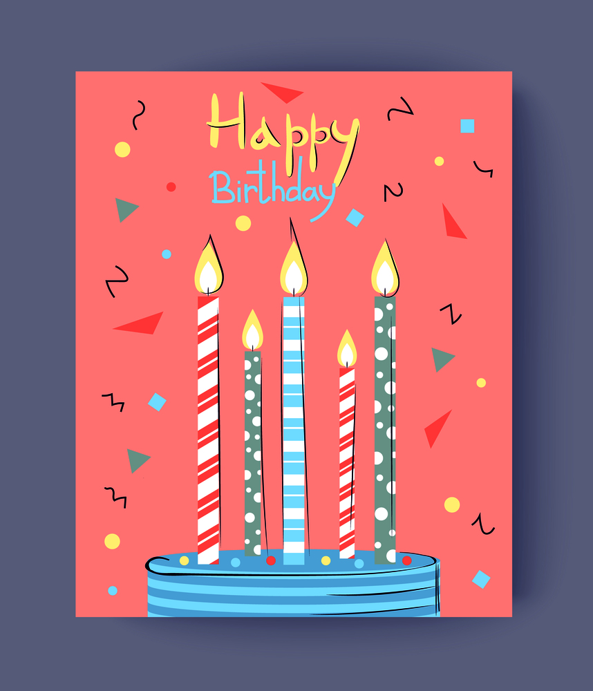 Happy Birthday postcard congratulation on pink background. Vector illustration with colorful banner with festive cake and tall burning candles. Happy Birthday Postcard Vector Illustration