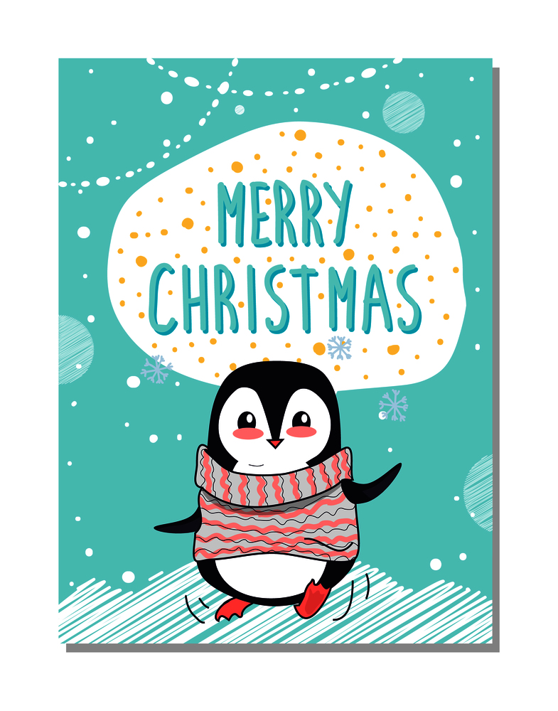 Merry Christmas congratulation bright postcard with happy penguin dressed in warm sweater. Vector illustration with beautiful animal surrounded by snow. Merry Christmas Congratulation Bright Postcard